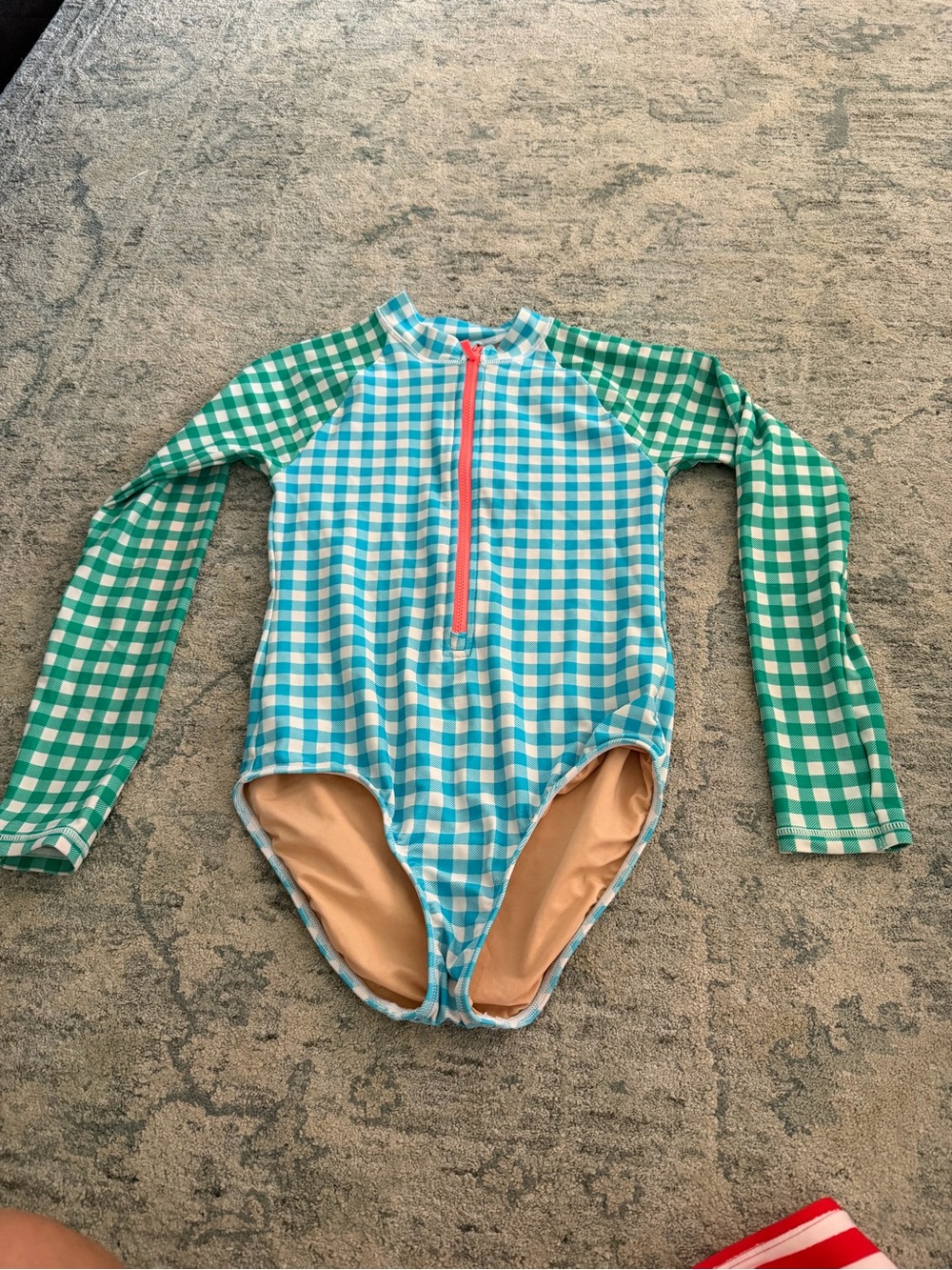 J. Crew Girls' Long-Sleeve Gingham One-Piece Swimsuit - Blue, Green